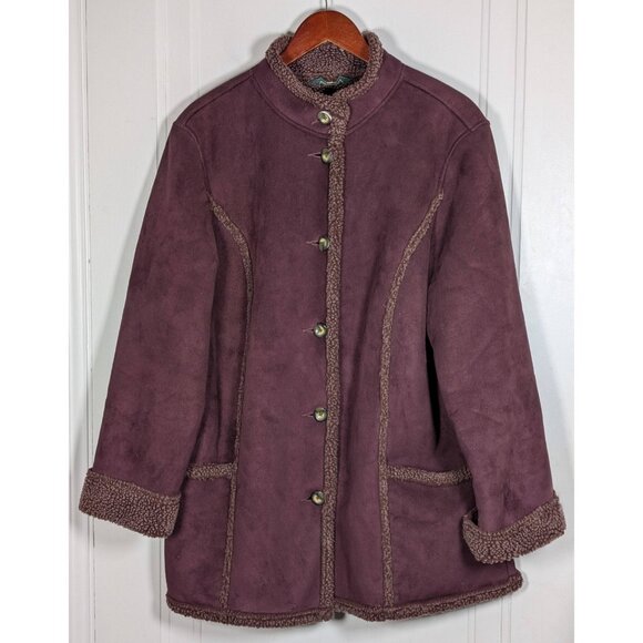 LL Bean Jacket Womens XL Petite Purple Button Sherpa Lined Chore Faux Suede Coat - Picture 1 of 4